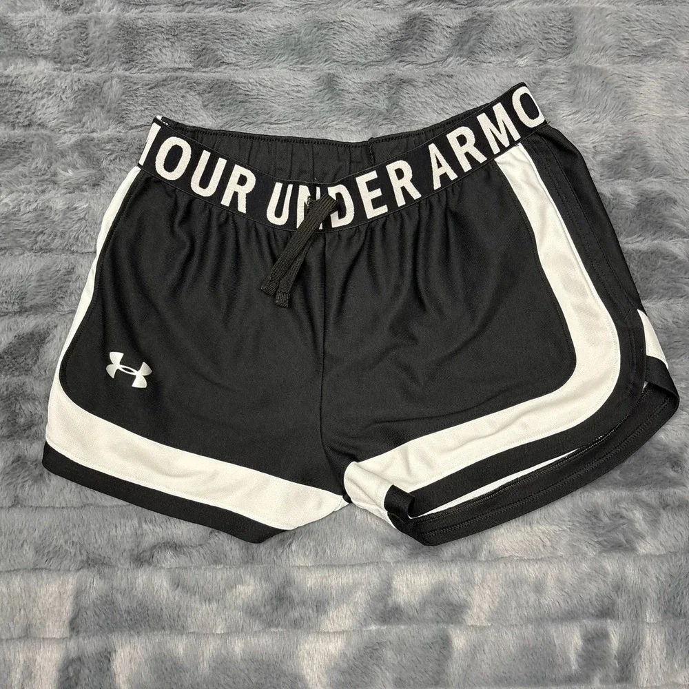 Under Armour Girls Black White HeatGear Athletic Shorts Youth Large YLG Loose